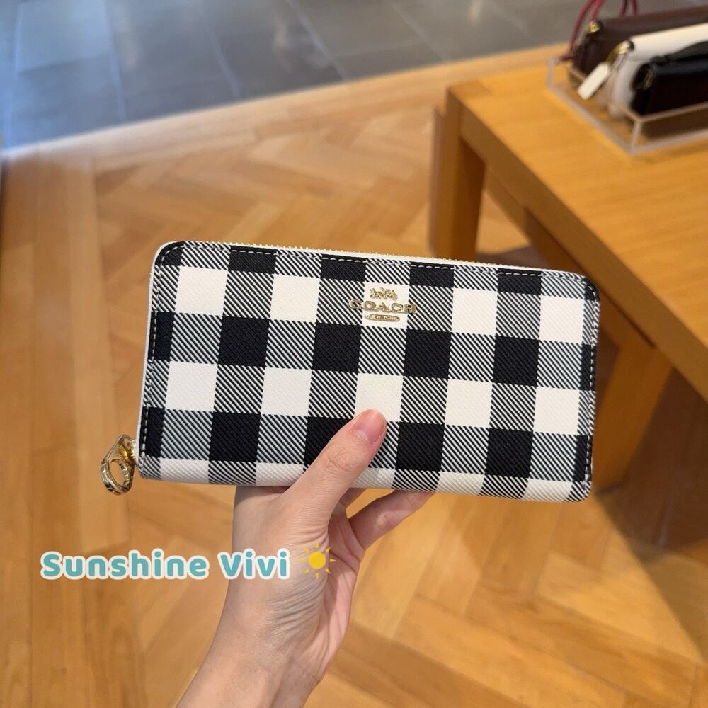 NWT Coach Long Zip Around Wallet With Gingham Print CFA13 Gold/Black Multi